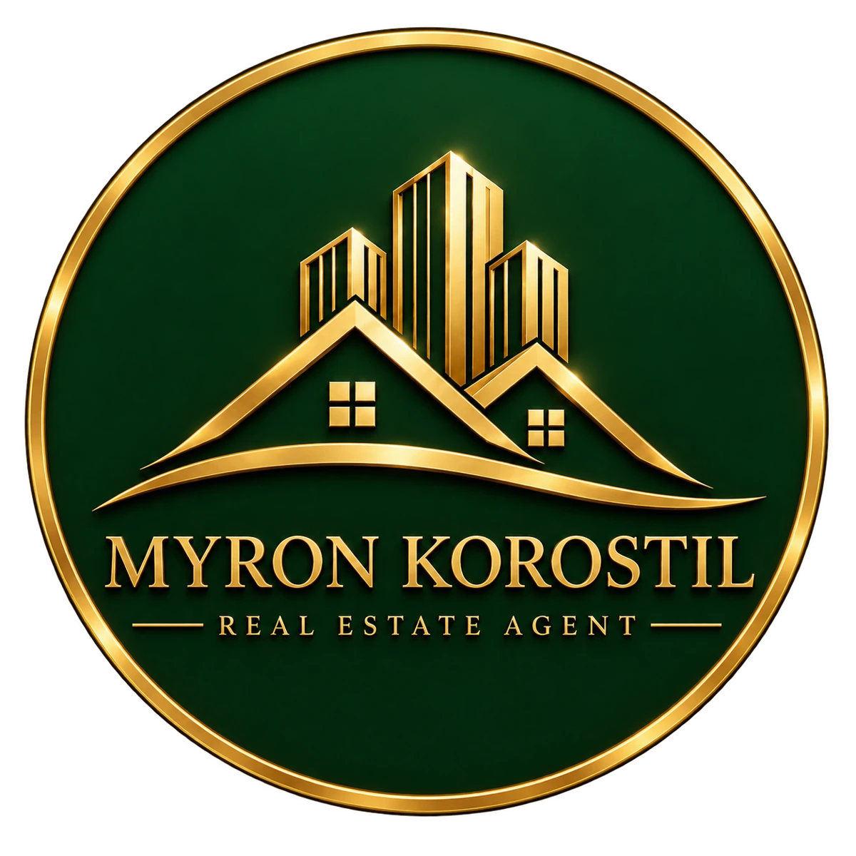 Myron Korostil round gold architectural house logo on forest green